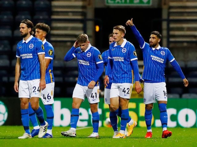 Brighton & Hove Albion players celebrate a goal against Preston North End in the third round of the EFL cup on September 23, 2020