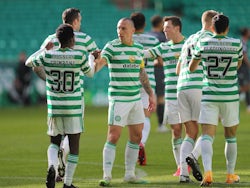 Celtic players celebrate scoring against Hibernian on September 27, 2020