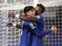 Chelsea's Kai Havertz celebrates scoring his hat-trick goal with Tammy Abraham against Barnsley in the EFL Cup third round on September 23, 2020