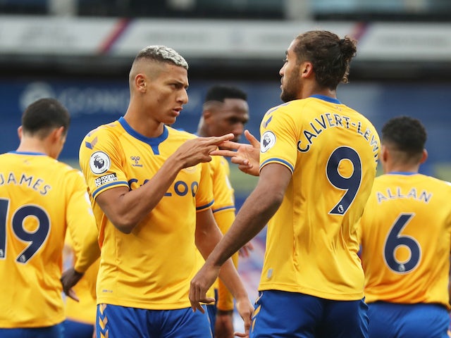 Everton's Richarlison celebrates with Dominic Calvert-Lewin against Crystal Palace on September 26, 2020