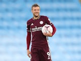 Leicester City's Jamie Vardy claims the match ball after his hat-trick against Manchester City on September 27, 2020