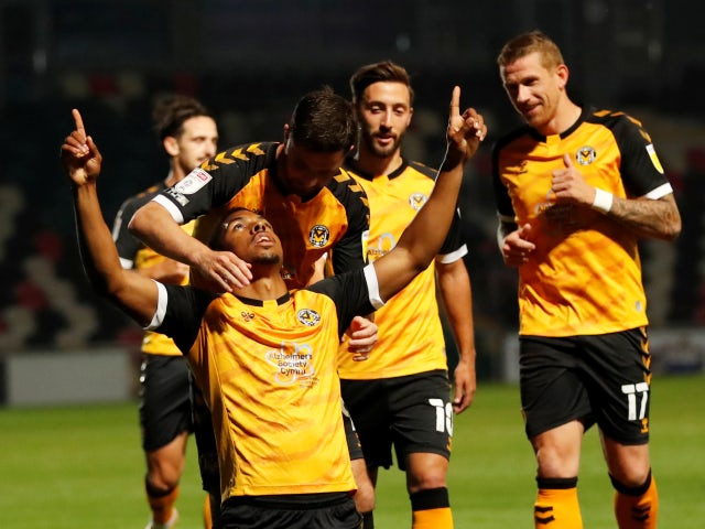 Newport County's Tristan Abrahams celebrates scoring against Watford in the EFL Cup on September 22, 2020