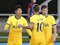 Tottenham's Son Heung-min and Harry Kane celebrate a goal against Skendija in the Europa League on September 24, 2020
