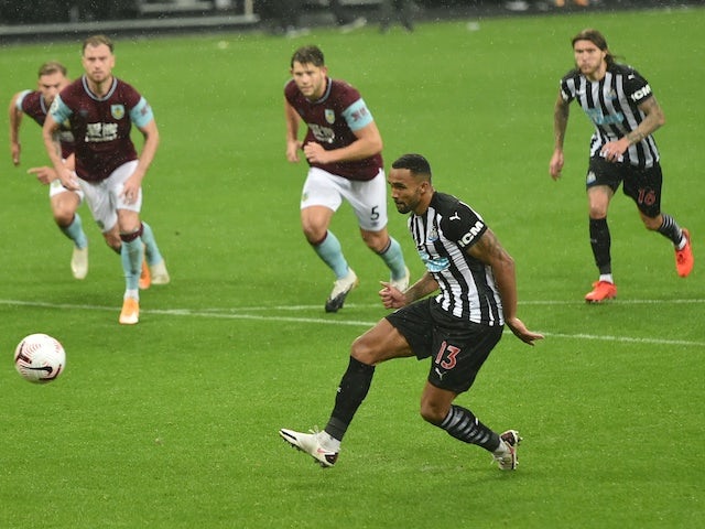 Newcastle United's Callum Wilson scores against Burnley in the Premier League on October 3, 2020