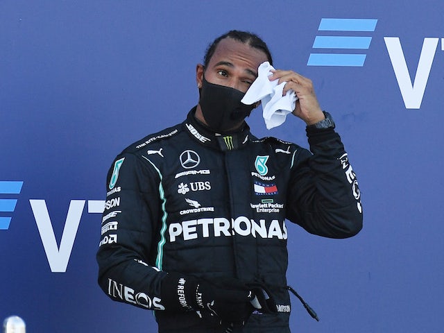 Lewis Hamilton on the podium at the Russian Grand Prix on September 27, 2020