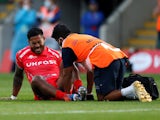 Sale's Manu Tuilagi reacts after suffering an injury against Northampton Saints on September 29, 2020