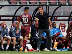 Metz manager Vincent Hognon pictured with Farid Bouyala in August 2020