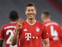 Bayern Munich striker Robert Lewandowski celebrates scoring his fourth goal on October 4, 2020