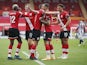 Southampton players celebrate scoring against West Bromwich Albion on October 4, 2020
