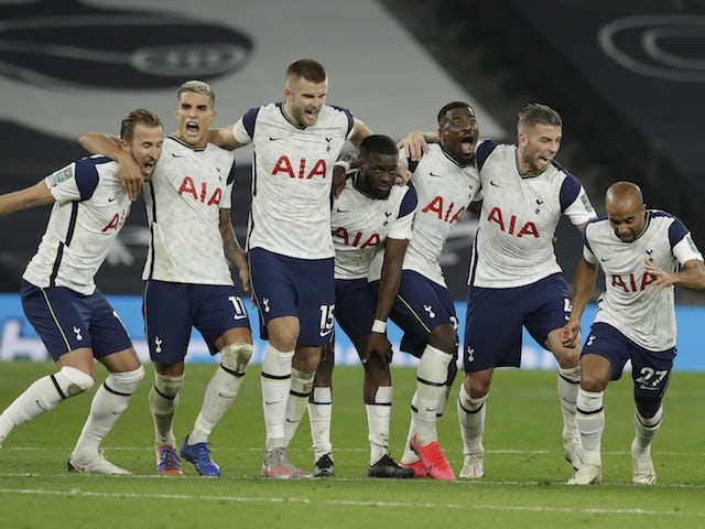 Tottenham Hotspur players celebrate beating Chelsea on penalties in the fourth round of the EFL Cup on September 29, 2020