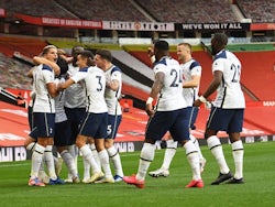 Tottenham Hotspur players celebrate scoring against Manchester United on October 4, 2020
