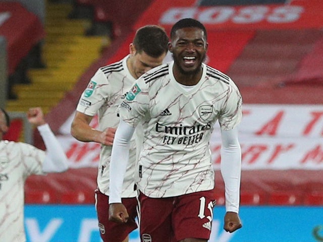 Arsenal's Ainsley Maitland-Niles celebrates winning a penalty shootout against Liverpool in the EFL Cup in October 2020