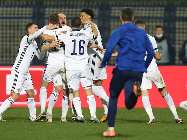 Northern Ireland's Liam Boyce celebrates after the Euro 2020 qualification playoff with Bosnia-Herzegovina on October 8, 2020