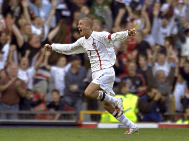 David Beckham scores his famous free-kick goal for England against Greece on October 6, 2001