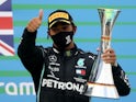 Lewis Hamilton celebrates winning the Eifel Grand Prix on October 11, 2020