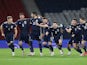 Scotland's Andy Robertson and teammates celebrate overcoming Israel in their Euro 2020 qualification playoff on October 8, 2020