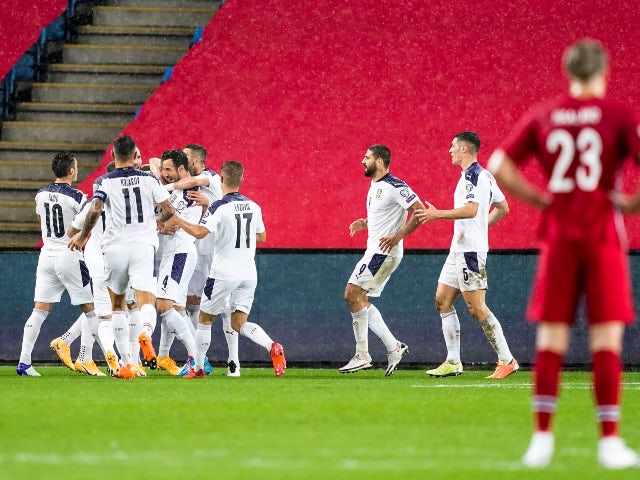 Serbia's Sergej Milinkovic-Savic celebrates with teammates after scoring against Norway in the European playoff semi-finals on October 8, 2020