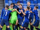 Slovakia celebrate beating the Republic of Ireland on penalties in their Euro 2020 qualifying playoff semi-final on October 8, 2020