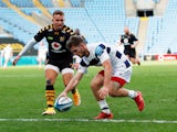 Bristol Bears' Harry Randall scores a try against Wasps in the Premiership semi-final on October 10, 2020