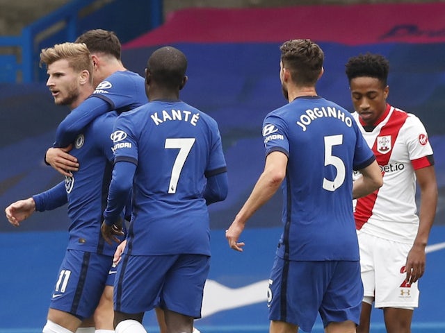 Chelsea's Timo Werner celebrates scoring against Southampton in the Premier League on October 17, 2020