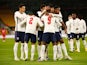 England Under-21 striker Eddie Nketiah celebrates scoring against Turkey with teammates in the UEFA Euro 2021 qualifiers on October 13, 2020