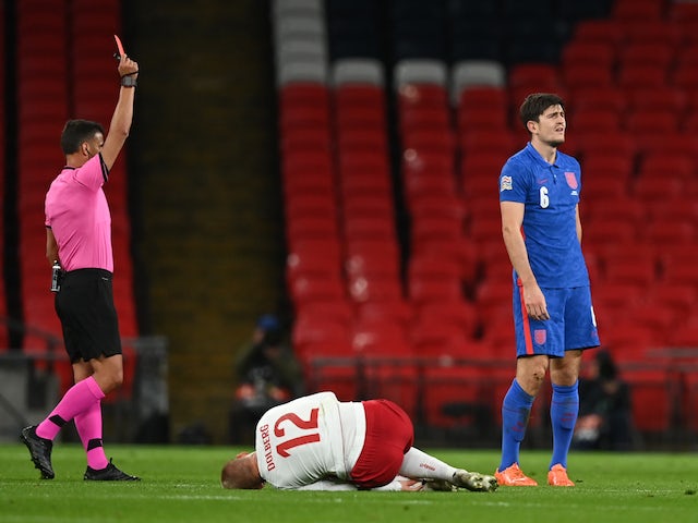 England's Harry Maguire is shown a red card against Denmark in the UEFA Nations League on October 14, 2020