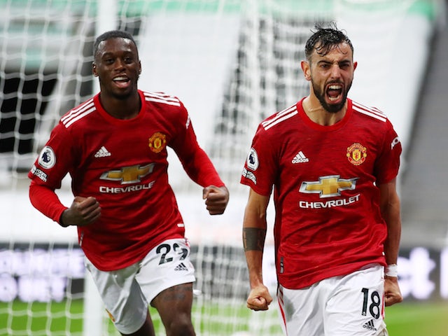 Manchester United's Bruno Fernandes celebrates scoring against Newcastle United in the Premier League on October 17, 2020
