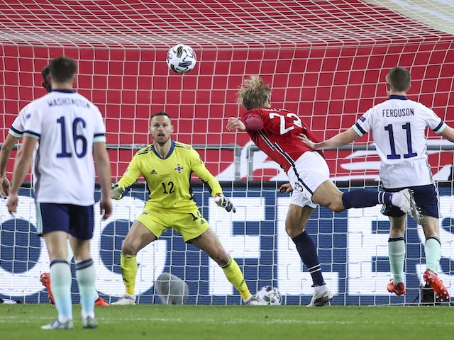 Norway's Erling Haaland in action with Northern Ireland's Trevor Carson in the UEFA Nations League on October 14, 2020