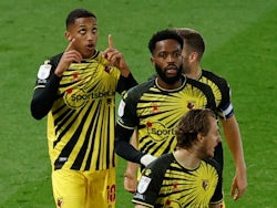 Watford's Joao Pedro celebrates with teammates after scoring against Derby County on October 16, 2020