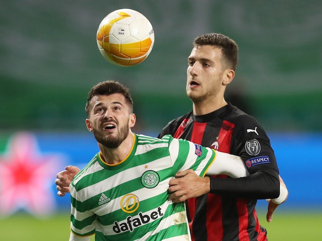 AC Milan's Diogo Dalot in action with Celtic's Albian Ajeti in the Europa League on October 22, 2020