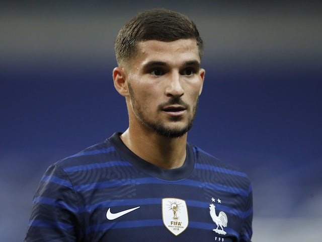 Lyon midfielder Houssem Aouar pictured for France in October 2020