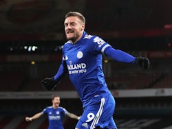 Leicester City's Jamie Vardy celebrates scoring against Arsenal in the Premier League on October 25, 2020