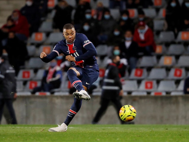 Paris Saint-Germain winger Kylian Mbappe scores against Nimes on October 16, 2020