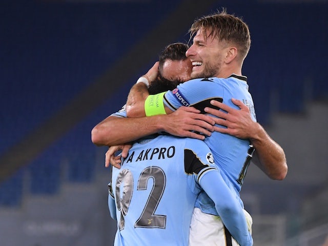 Lazio players celebrate Ciro Immobile's goal against Borussia Dortmund in October 2020