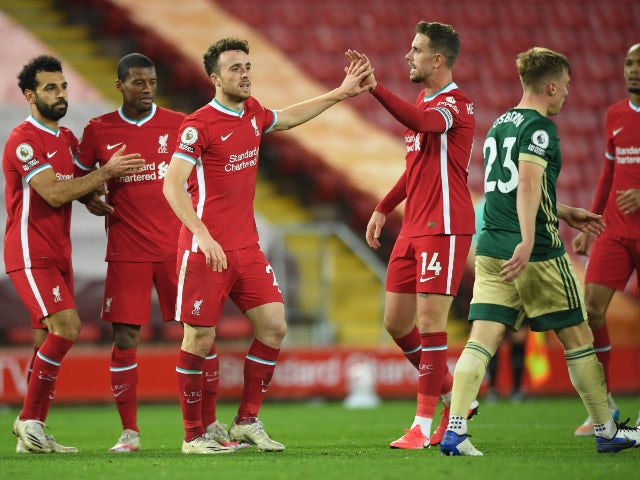 Liverpool's Diogo Jota pictured with teammates after scoring against Sheffield United in the Premier League on October 24, 2020