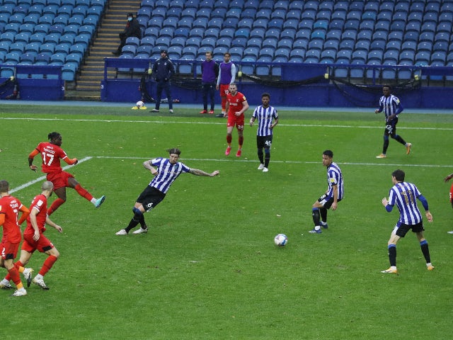 Luton Town's Pelly-Ruddock Mpanzu scores against Sheffield Wednesday in the Championship on October 24, 2020