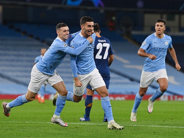 Manchester City's Ferran Torres celebrates scoring against Porto in the Champions League on October 21, 2020