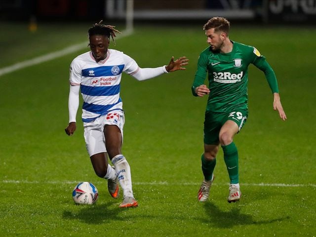 Queens Park Rangers' Osman Kakay in action with Preston North End's Tom Barkhuizen in the Championship on October 21, 2020