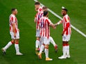 Stoke City's Tyrese Campbell celebrates with teammates after scoring against Brentford in the Championship on October 24, 2020