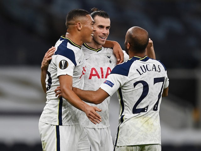 Tottenham Hotspur's Gareth Bale celebrates with Lucas Moura and Carlos Vinicius during the Europa League clash with LASK Linz on October 22, 2020
