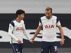 Tottenham Hotspur duo Harry Kane and Son Heung-min celebrate scoring against West Ham United on October 18, 2020