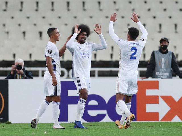 Leicester City's Hamza Choudhury celebrates scoring against AEK Athens in the Europa League on October 29, 2020