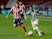 Atletico Madrid's Kieran Trippier in action with Real Betis' Cristian Tello in La Liga on October 24, 2020