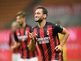 Hakan Calhanoglu celebrates scoring for Milan on September 24, 2020