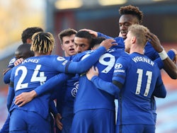 Hakim Ziyech celebrates with teammates after scoring for Chelsea against Burnley in the Premier League on October 31, 2020