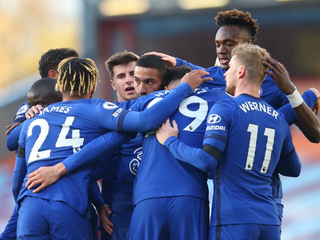 Hakim Ziyech celebrates with teammates after scoring for Chelsea against Burnley in the Premier League on October 31, 2020