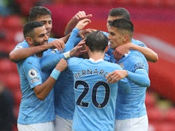 Kyle Walker celebrates with teammates after scoring for Manchester City against Sheffield United in the Premier League on October 31, 2020