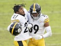 Pittsburgh Steelers' Minkah Fitzpatrick celebrates with teammate Marcus Allen against the Baltimore Ravens on November 1, 2020