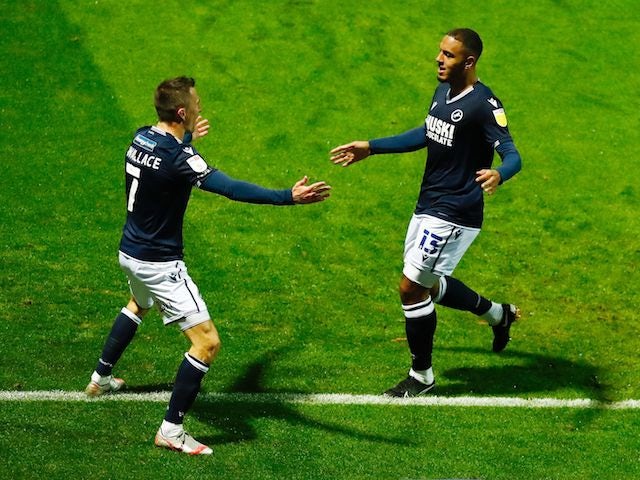 Millwall's Kenneth Zohore celebrates scoring against Preston North End in the Championship on October 28, 2020