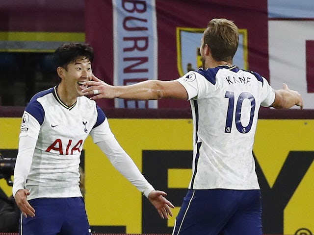 Son Heung-min and Harry Kane celebrate after Tottenham Hotspur take the lead against Burnley on October 26, 2020